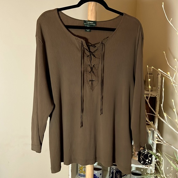 Lauren Ralph Lauren Tops - Lauren Ralph Lauren 2X 100% cotton brown long sleeve,lace up,suede-like ties EUC